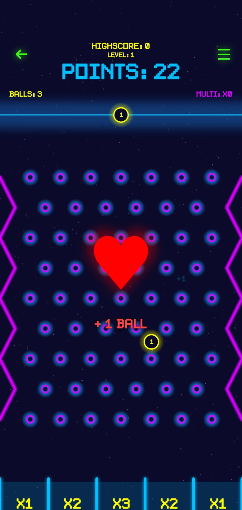 Gameplay with the +1 ball heart power-up